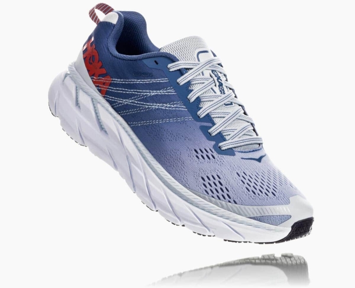 Hoka Løpesko Asfalt Tilbud - HOKA ONE ONE Clifton 6 Wide Dame Hvite/Blå [NO-50TKIB]